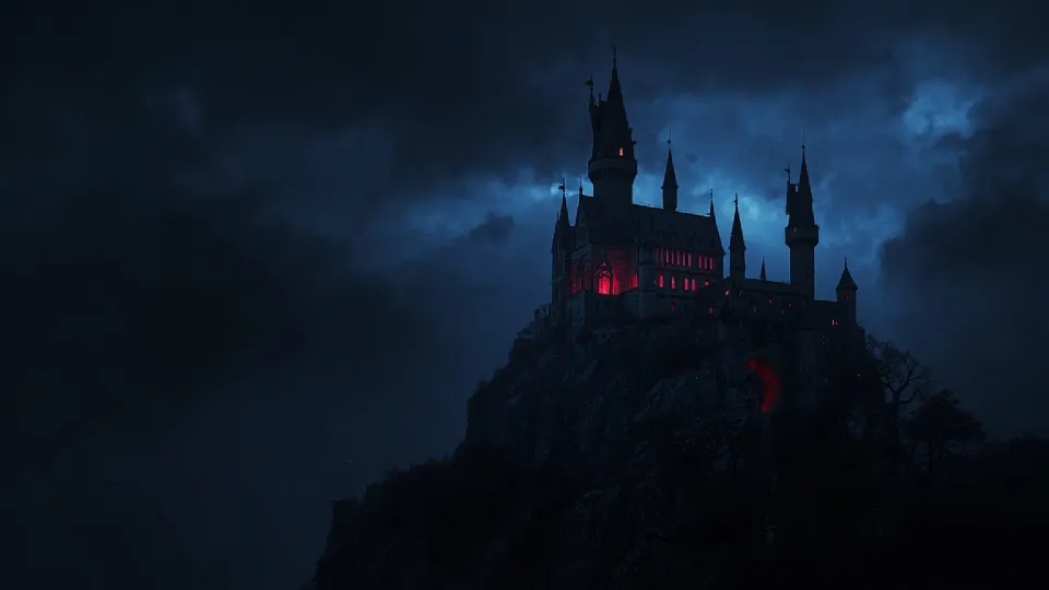 Vampire's castle on a mountain cliff with blue fog in the background